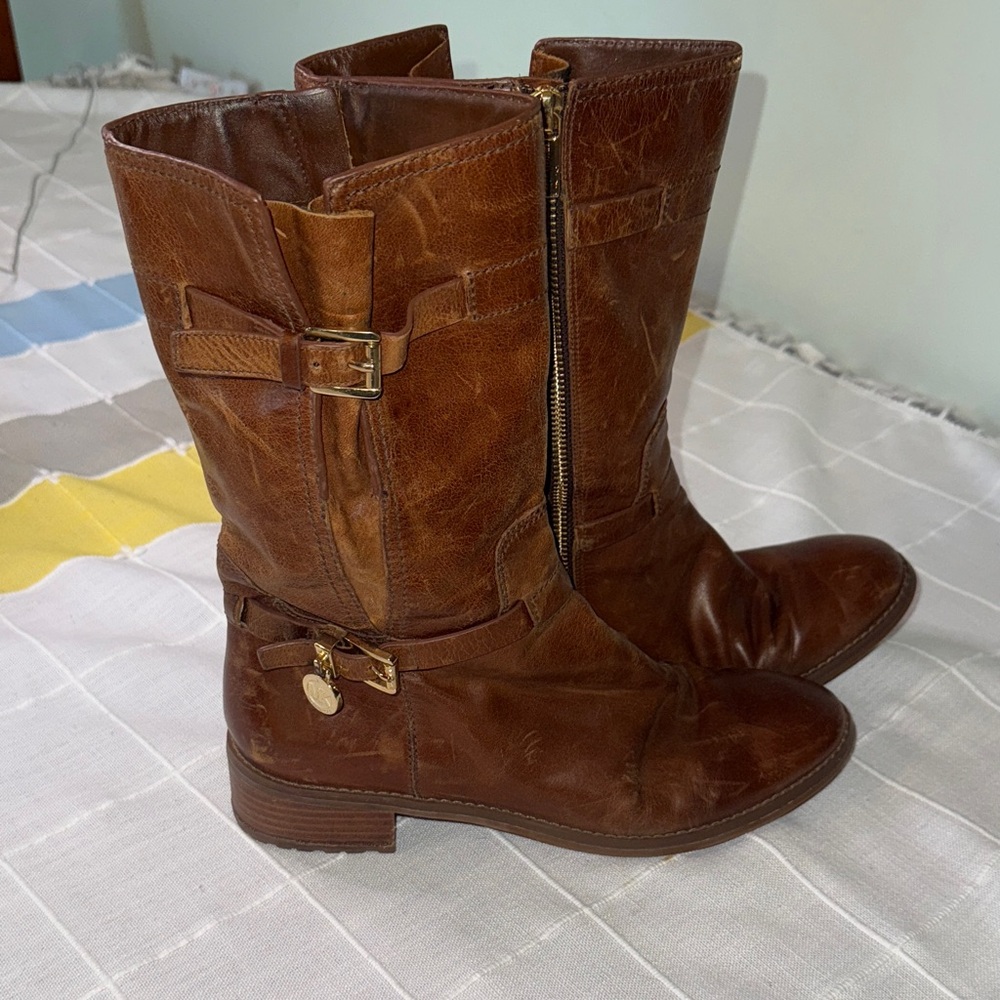 MICHAEL Michael Kors Distressed Brown Leather Moto Boots